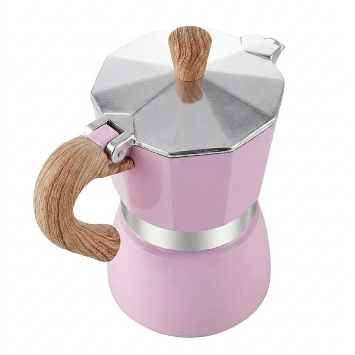 Cafetera Italiana Moka Rosa 9 Tazas Aluminio Mango Madera