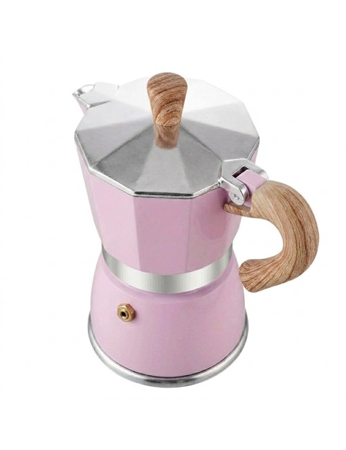 Cafetera Italiana Moka Rosa 9 Tazas Aluminio Mango Madera