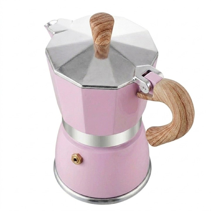 Cafetera Italiana Moka Rosa 9 Tazas Aluminio Mango Madera