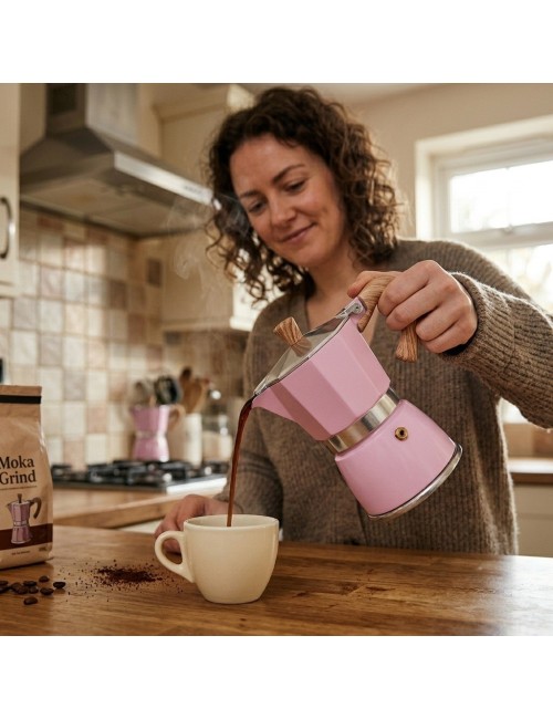 Cafetera Italiana Moka Rosa 9 Tazas Aluminio Mango Madera