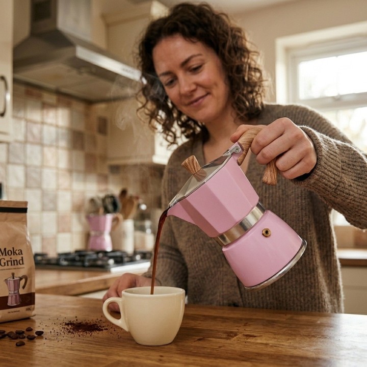 Cafetera Italiana Moka Rosa 9 Tazas Aluminio Mango Madera