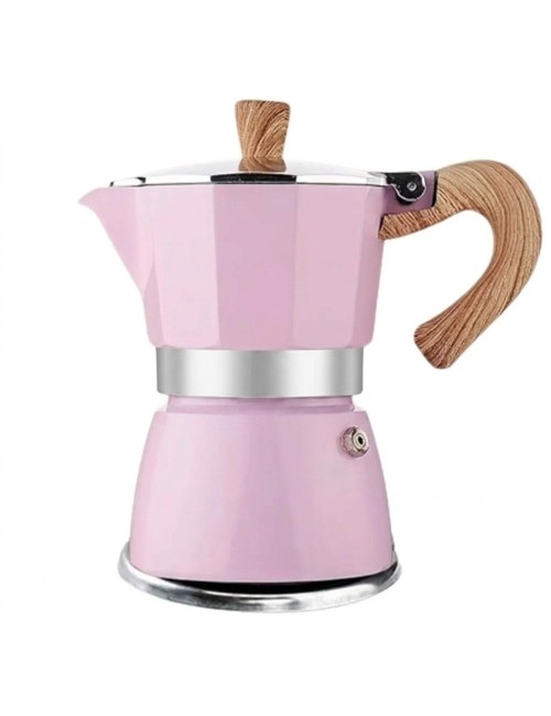 Cafetera Italiana Moka Rosa 9 Tazas Aluminio Mango Madera