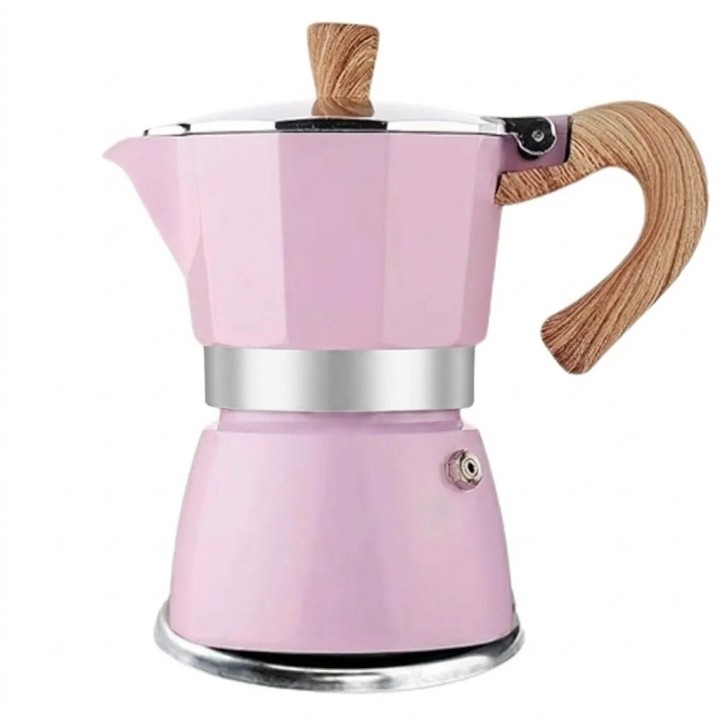 Cafetera Italiana Moka Rosa 9 Tazas Aluminio Mango Madera