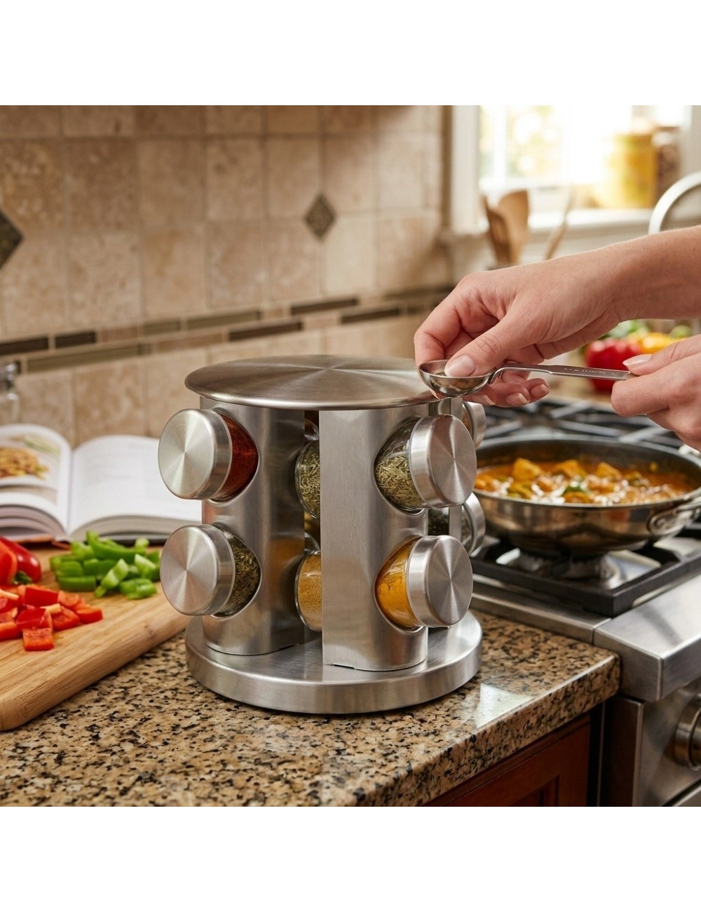 Especiero Giratorio Acero Inoxidable Frascos Vidrio Cocina