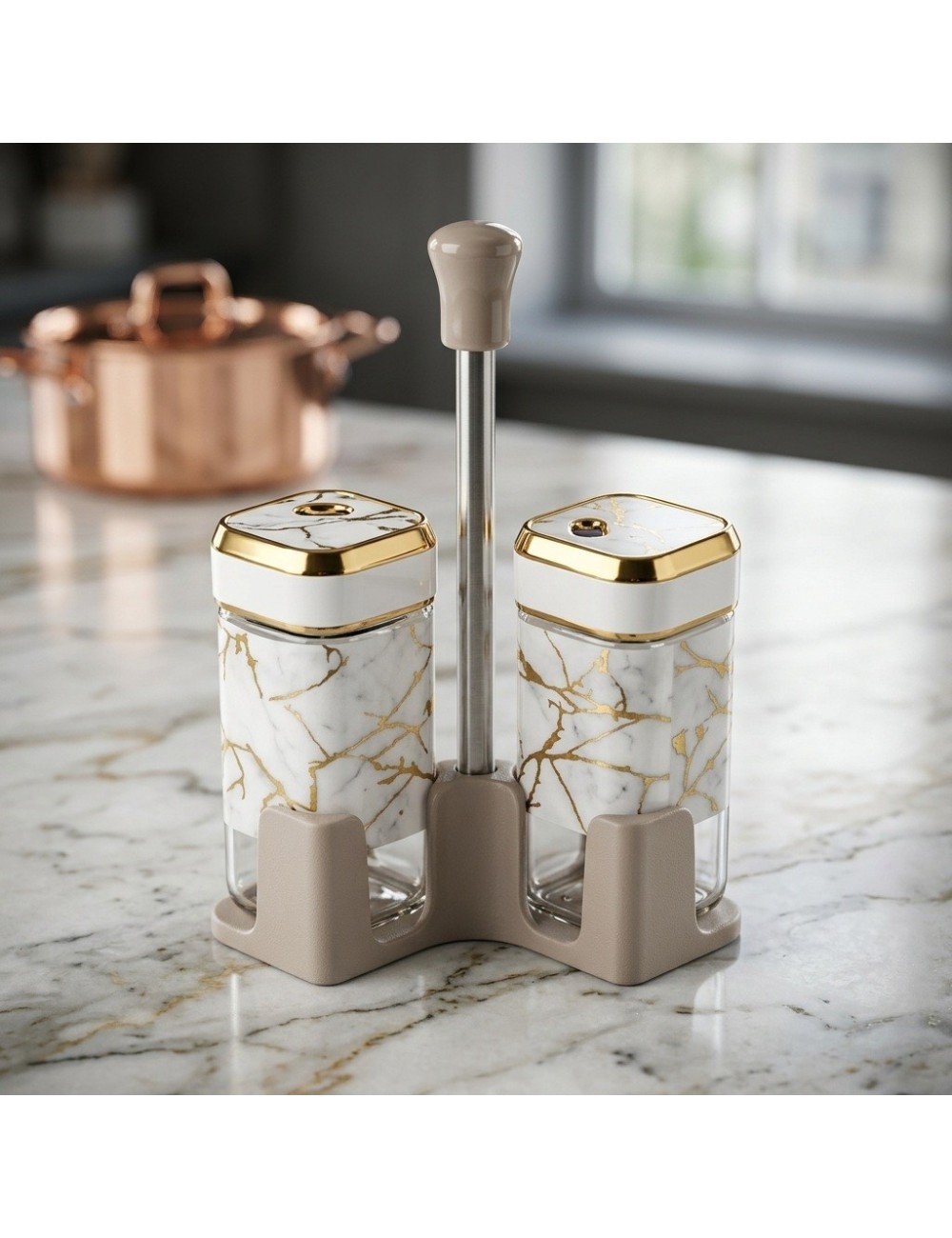 Set Salero Pimentero Diseño Mármol Con Base Elegante