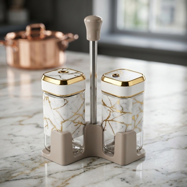 Set Salero Pimentero Diseño Mármol Con Base Elegante