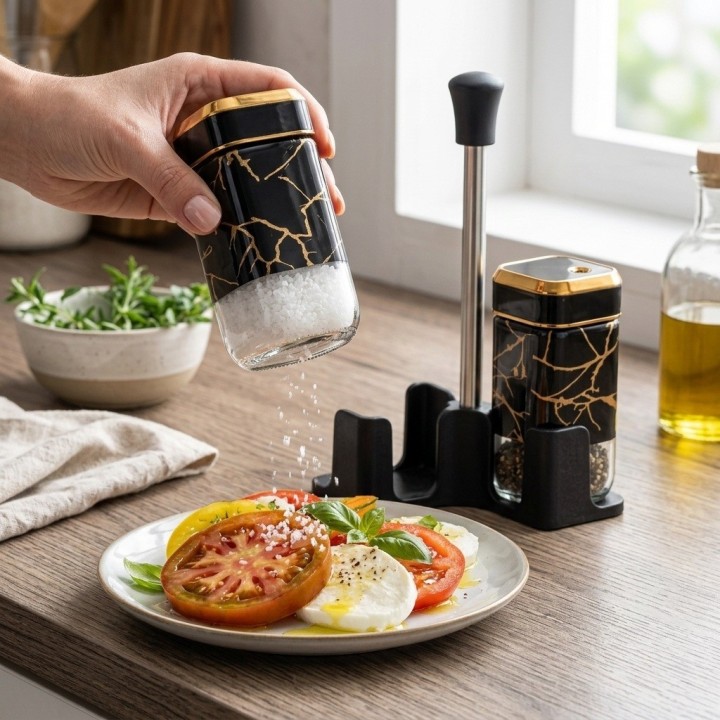 Set Salero Pimentero Diseño Mármol Con Base Elegante