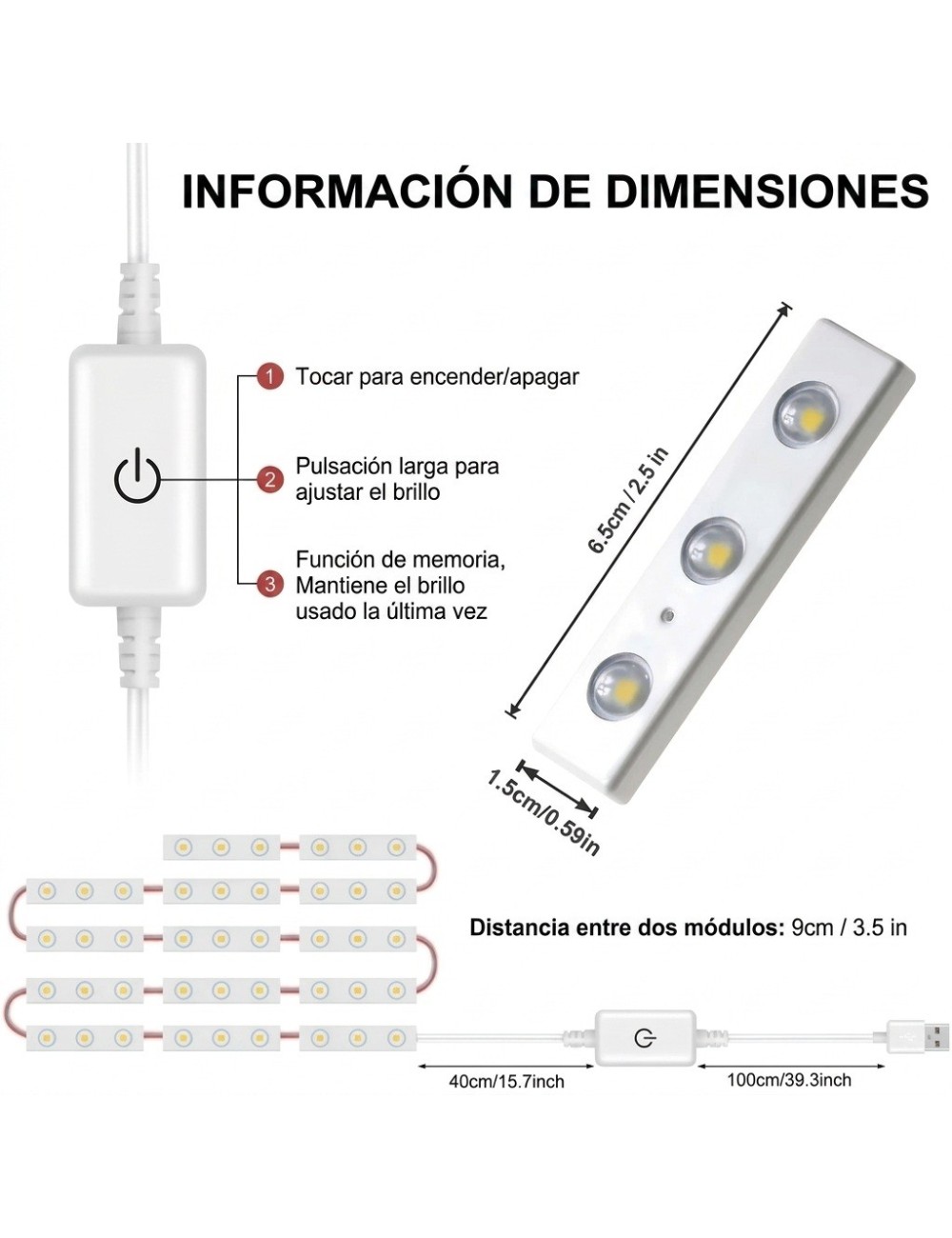 Luces Led Espejo Maquillaje Usb Regulables Adhesivas