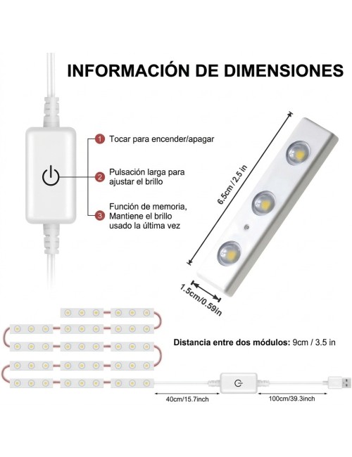 Luces Led Espejo Maquillaje Usb Regulables Adhesivas