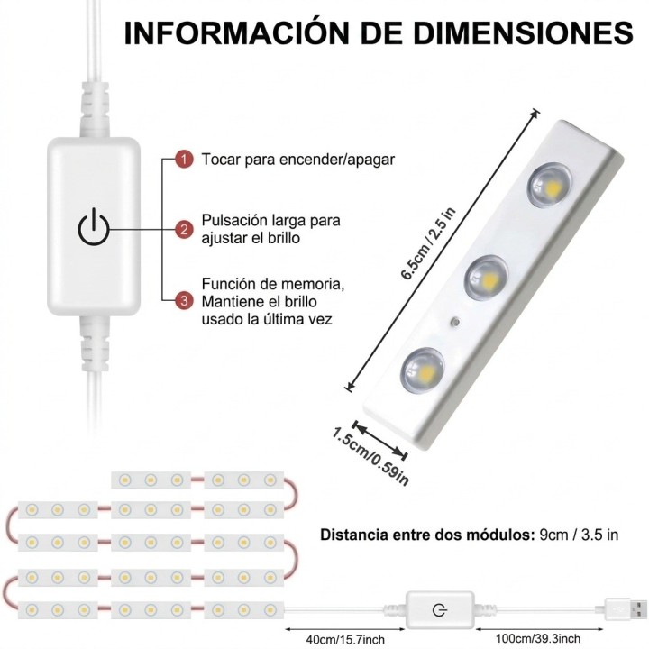 Luces Led Espejo Maquillaje Usb Regulables Adhesivas