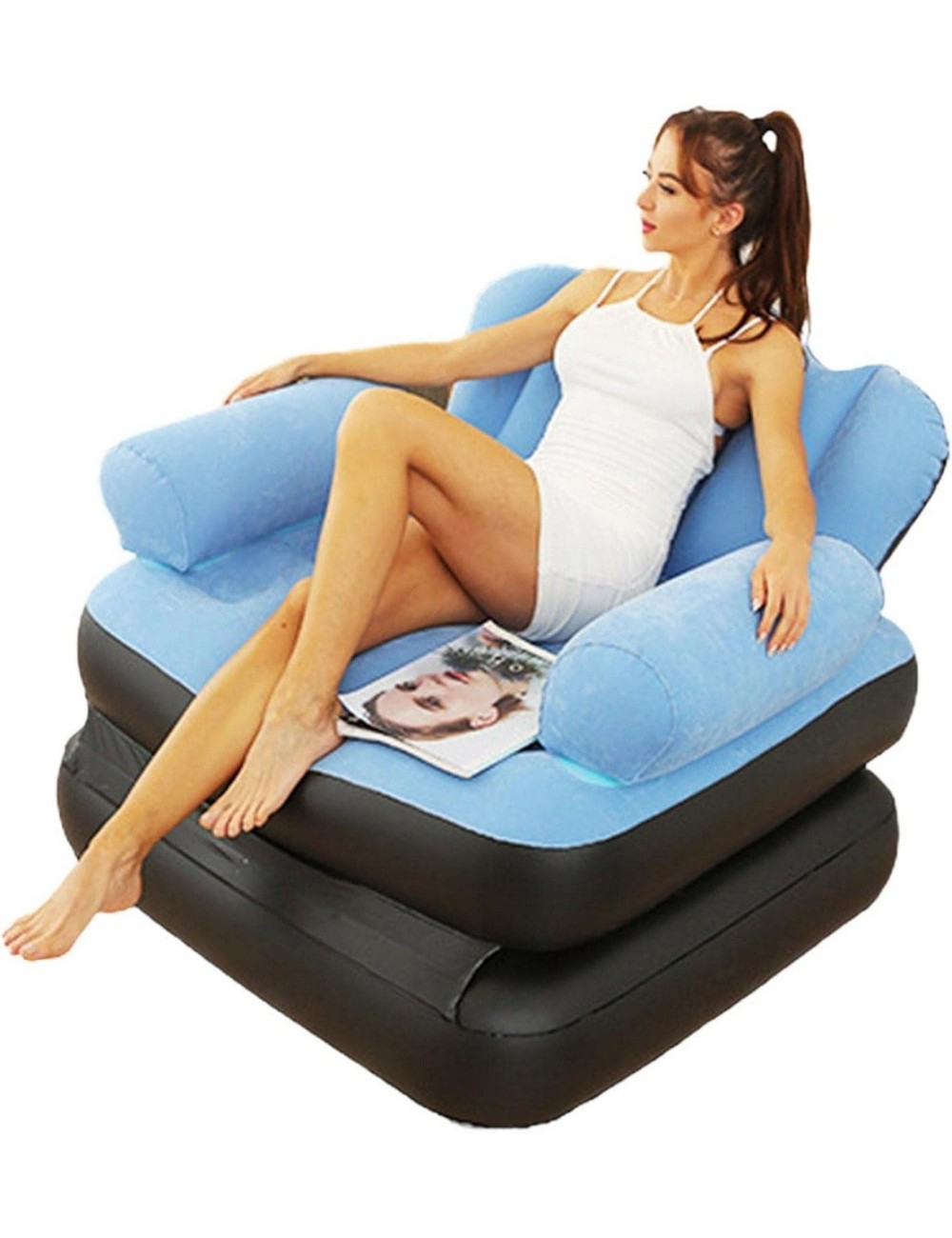 Sofa Cama Inflable Convertible Sillon Puff 2 En 1 Azul