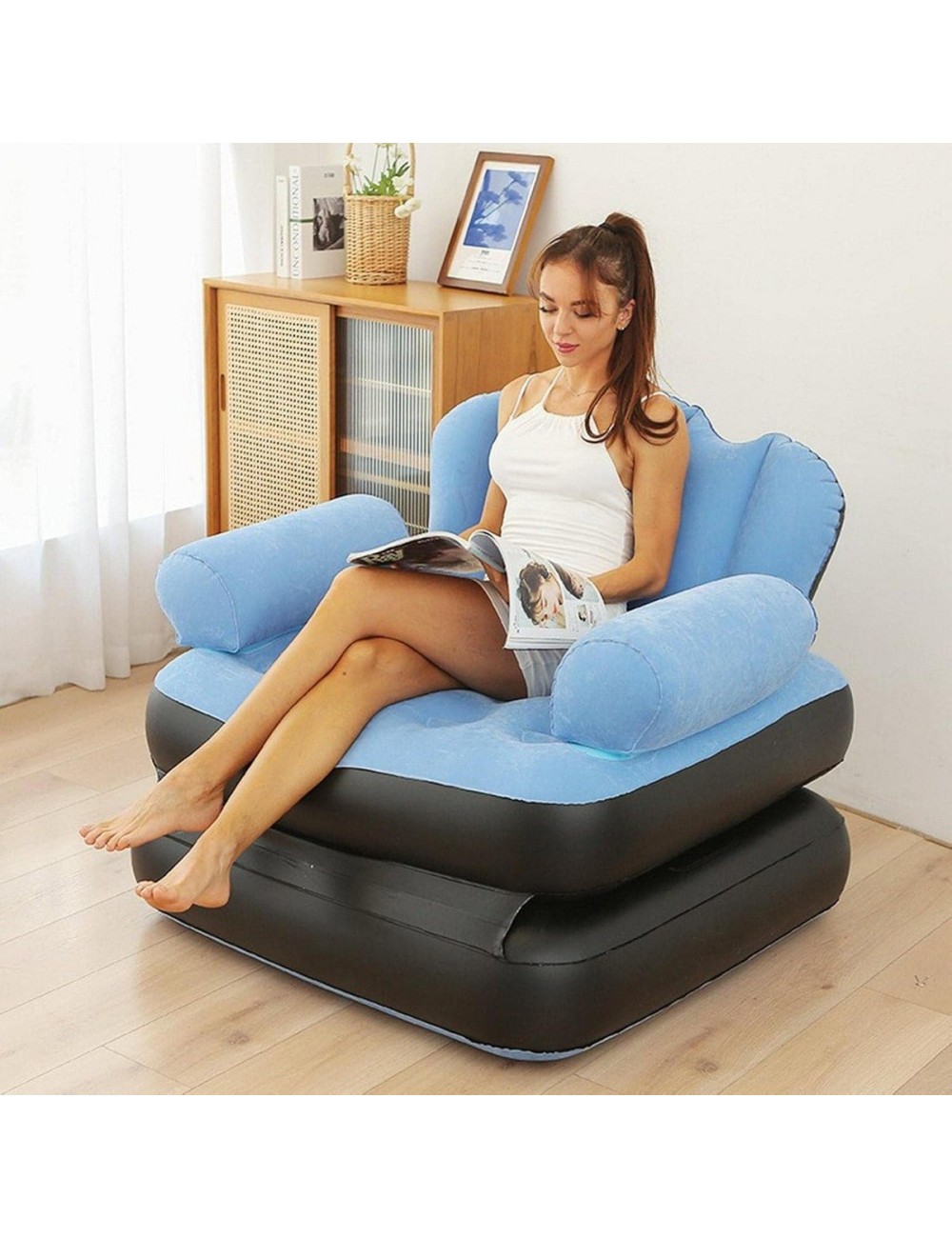 Sofa Cama Inflable Convertible Sillon Puff 2 En 1 Azul