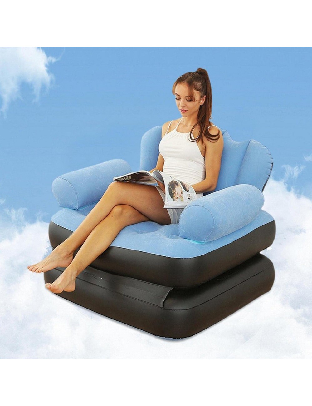 Sofa Cama Inflable Convertible Sillon Puff 2 En 1 Azul