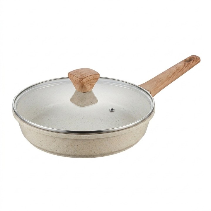 Sartén Antiadherente 24cm Con Tapa Y Mango Efecto Madera