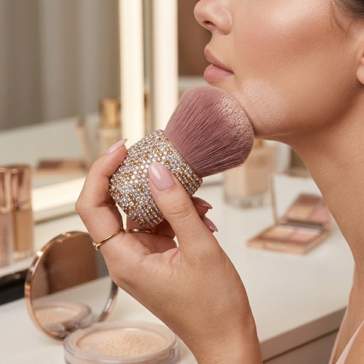 Brocha Maquillaje Polvo Mango Diamantes Pedrería