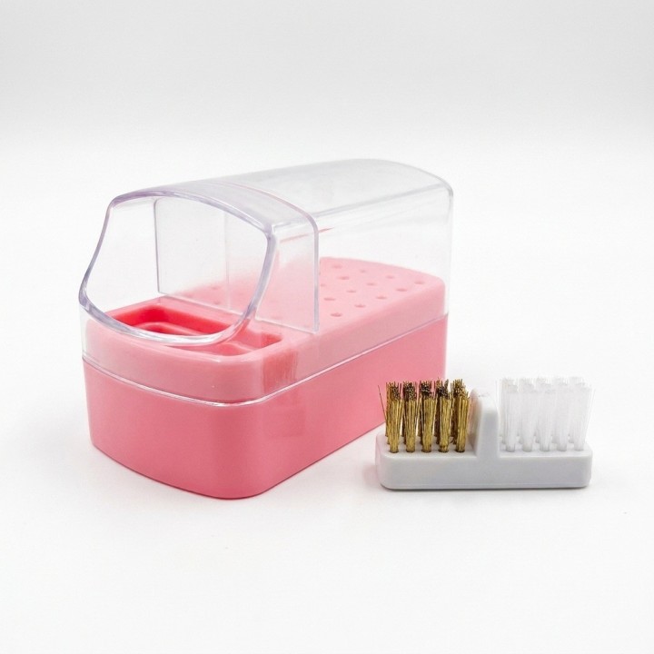 Organizador Fresas Uñas 30 Puestos + Cepillo Limpiador Rosa