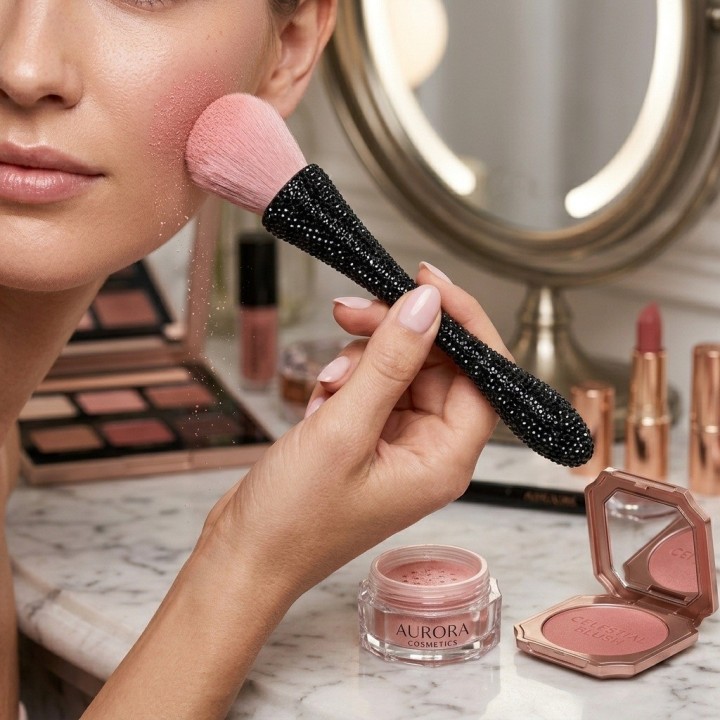 Brocha Maquillaje Polvo Bledo Uñas Mango Pedrería Diamantes