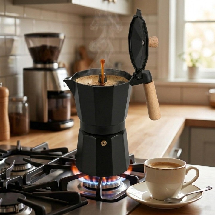 Cafetera Italiana Moka Express Clásica 9 Tazas Mango Madera