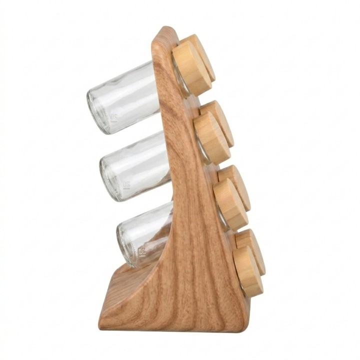 Set Especiero Organizador X8 Frascos Vidrio Base Tipo Madera