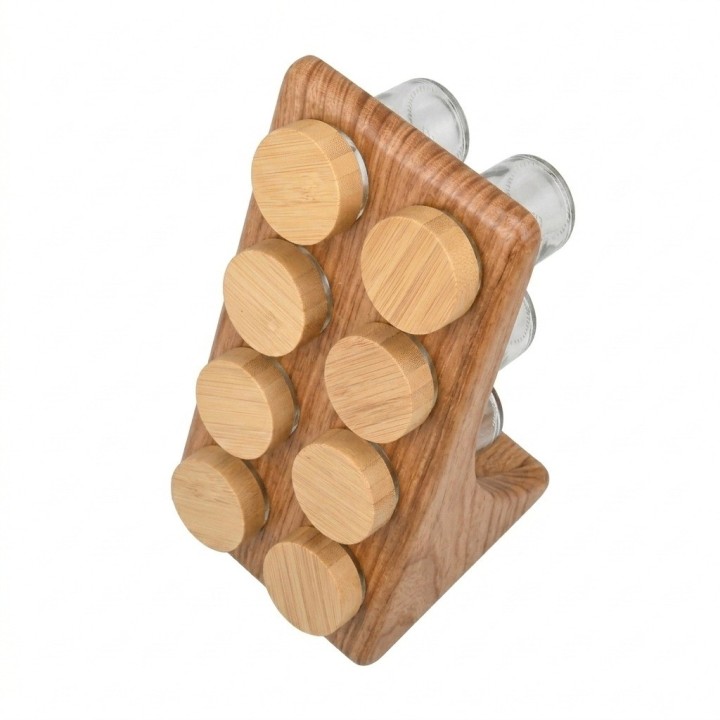 Set Especiero Organizador X8 Frascos Vidrio Base Tipo Madera