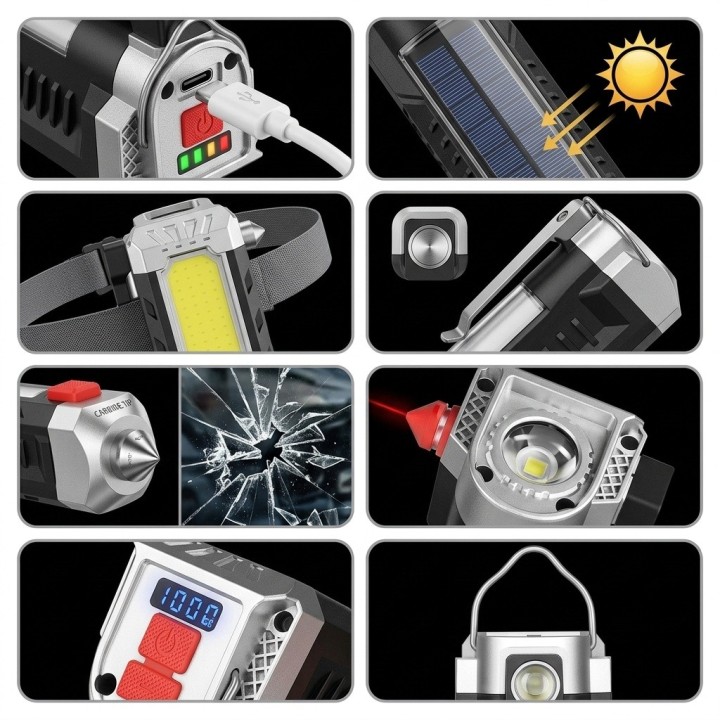 Linterna Táctica Auto Emergencia Solar Imán Rompecristal