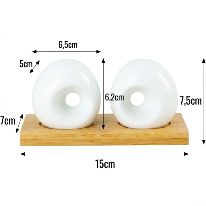 Set Salero Y Pimentero Cerámica Blanca Circular Base Madera