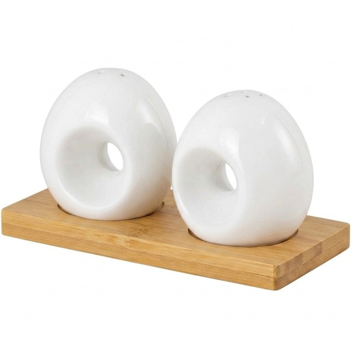 Set Salero Y Pimentero Cerámica Blanca Circular Base Madera