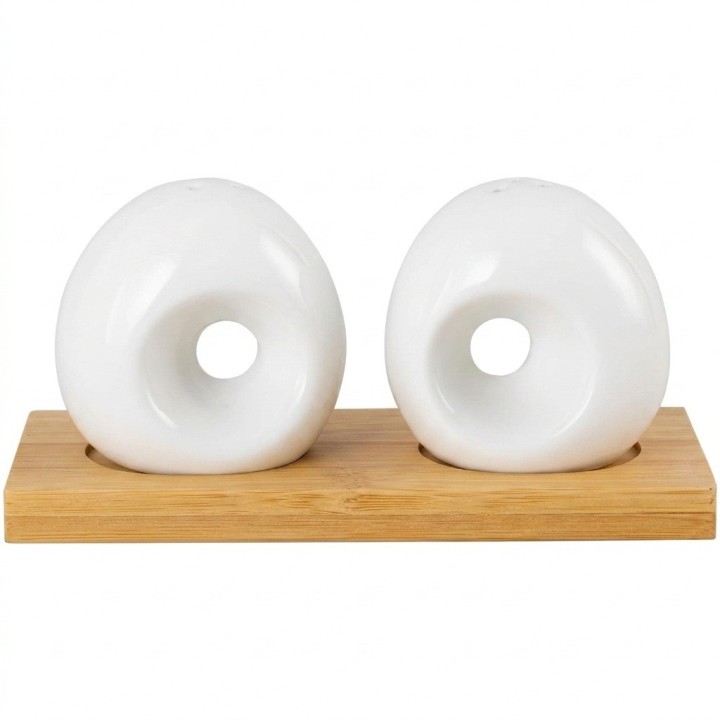Set Salero Y Pimentero Cerámica Blanca Circular Base Madera