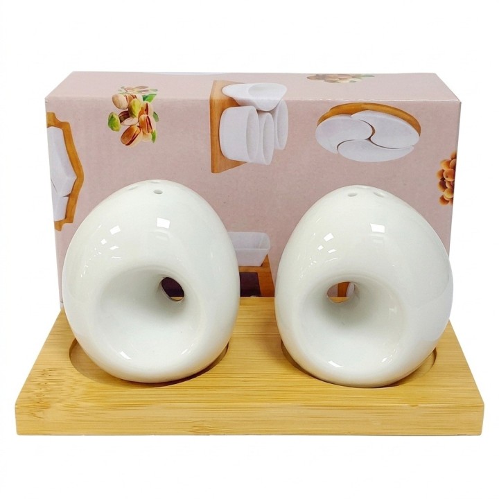 Set Salero Y Pimentero Cerámica Blanca Circular Base Madera