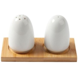 Set Salero Y Pimentero Cerámica Blanca Con Base De Madera