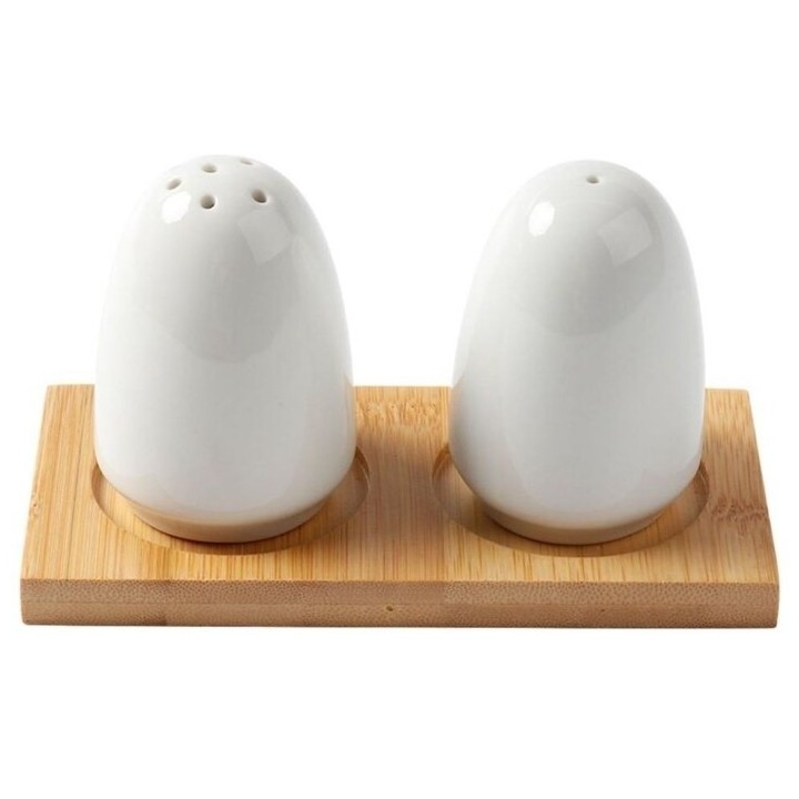 Set Salero Y Pimentero Cerámica Blanca Con Base De Madera