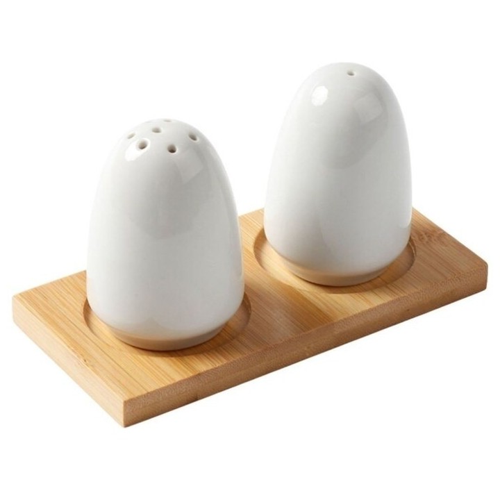 Set Salero Y Pimentero Cerámica Blanca Con Base De Madera