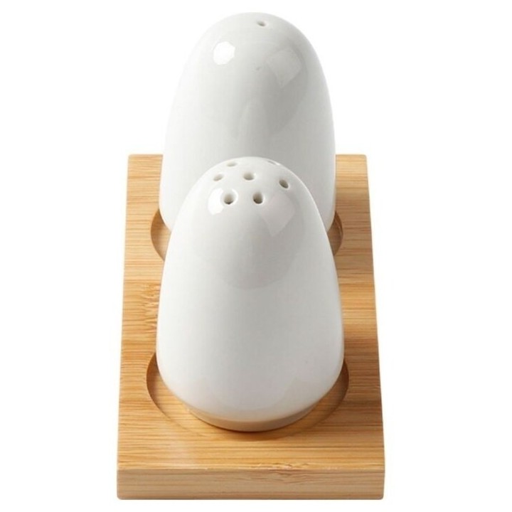Set Salero Y Pimentero Cerámica Blanca Con Base De Madera