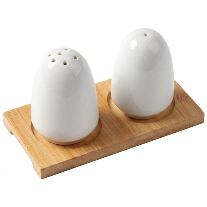 Set Salero Y Pimentero Cerámica Blanca Con Base De Madera