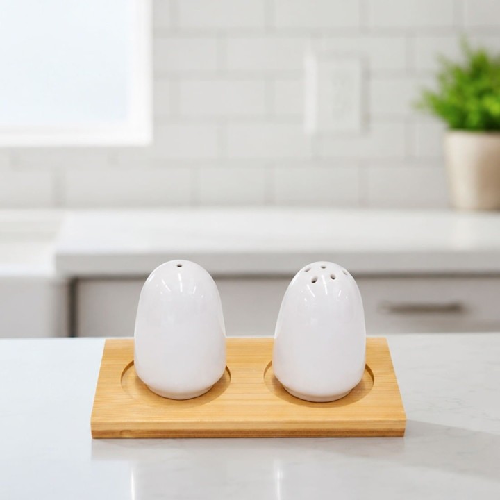 Set Salero Y Pimentero Cerámica Blanca Con Base De Madera