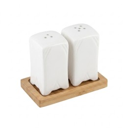 Set Salero Y Pimentero Cerámica Blanca Cuadrada Base Madera
