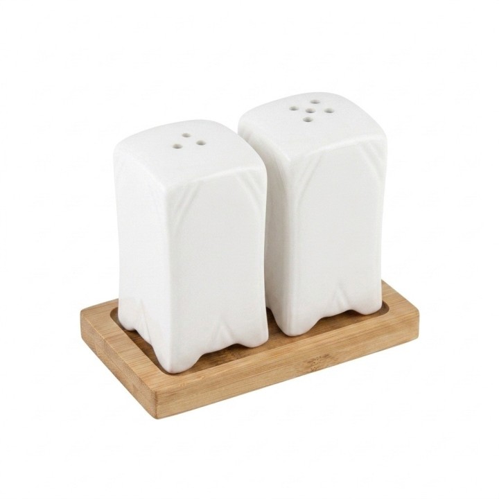 Set Salero Y Pimentero Cerámica Blanca Cuadrada Base Madera