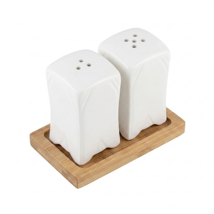 Set Salero Y Pimentero Cerámica Blanca Cuadrada Base Madera