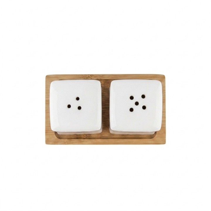 Set Salero Y Pimentero Cerámica Blanca Cuadrada Base Madera