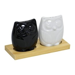 Set Salero Y Pimentero Cerámica Forma De Búhos Base Madera