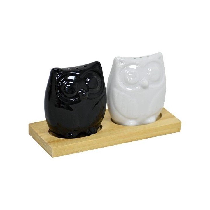 Set Salero Y Pimentero Cerámica Forma De Búhos Base Madera