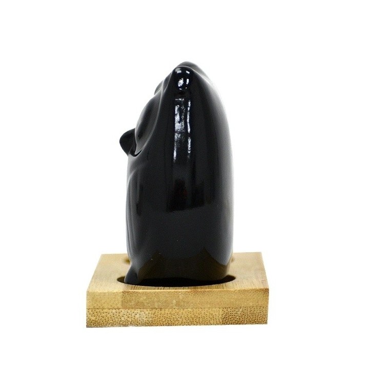 Set Salero Y Pimentero Cerámica Forma De Búhos Base Madera