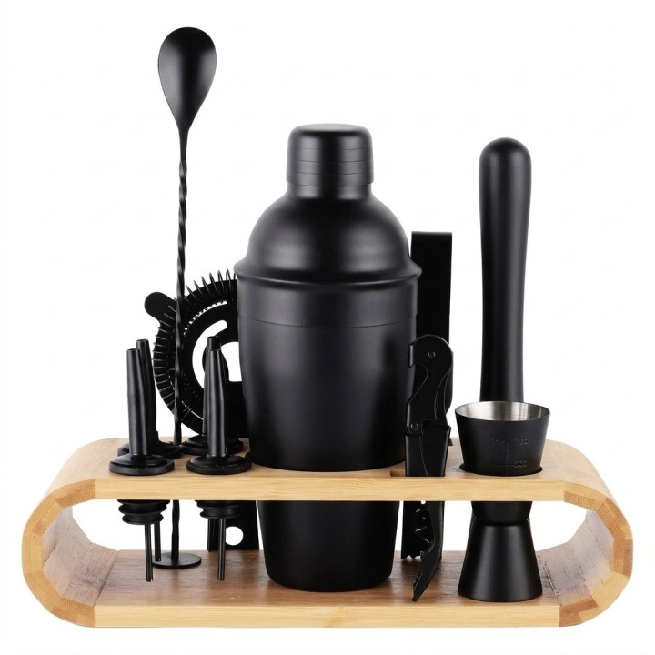 Set De Coctelería Profesional 12 Piezas Negro Base Bambú