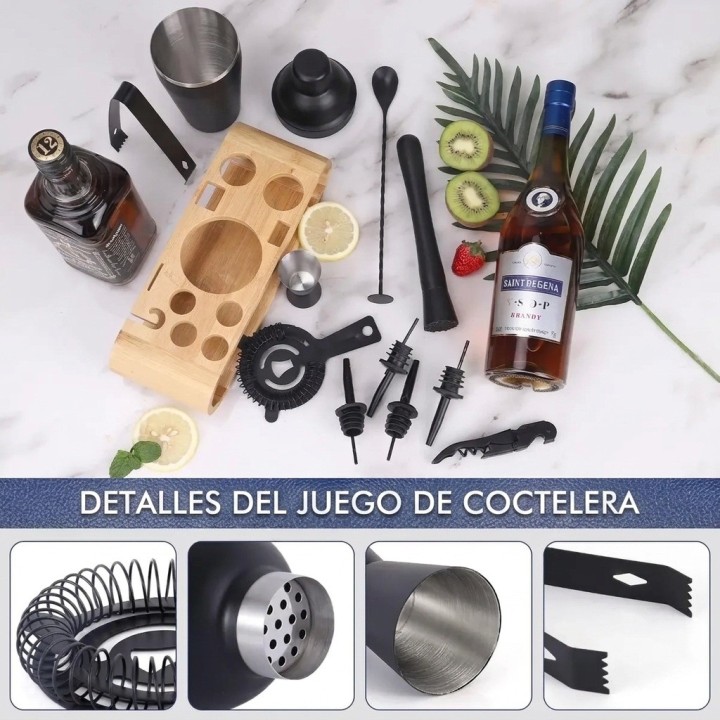 Set De Coctelería Profesional 12 Piezas Negro Base Bambú