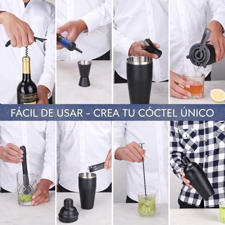 Set De Coctelería Profesional 12 Piezas Negro Base Bambú
