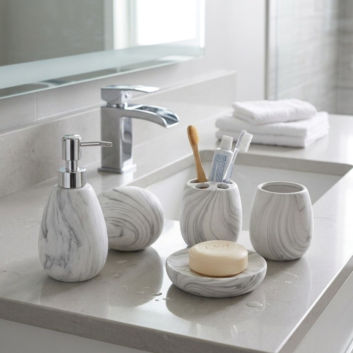 Set 4 Accesorios Para Baño Diseño Mármol Blanco Elegante