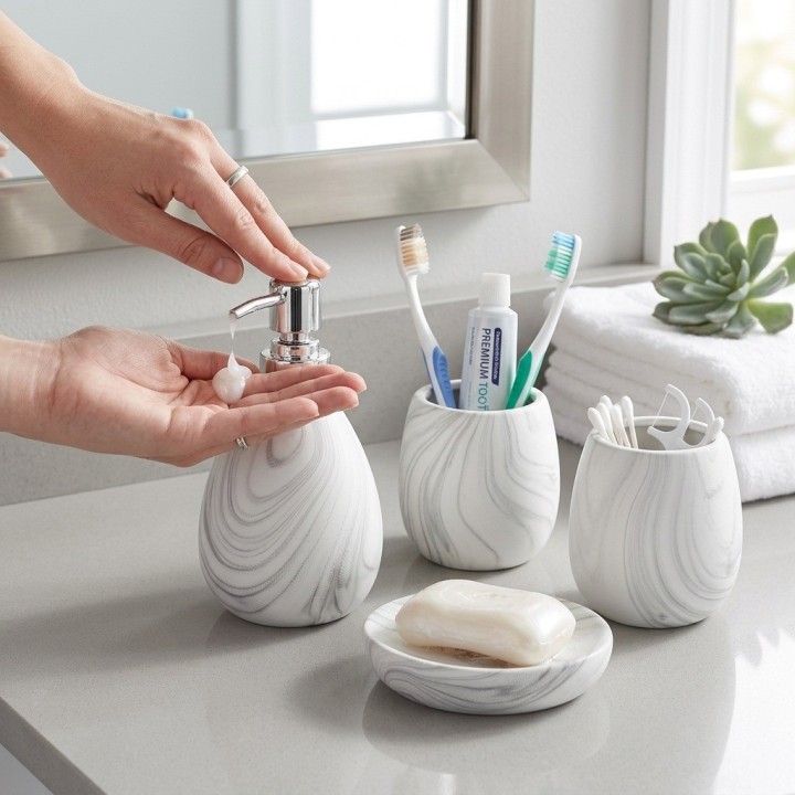 Set 4 Accesorios Para Baño Diseño Mármol Blanco Elegante