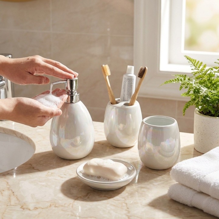 Set Accesorios Baño 4 Piezas Blanco Nacarado Elegante