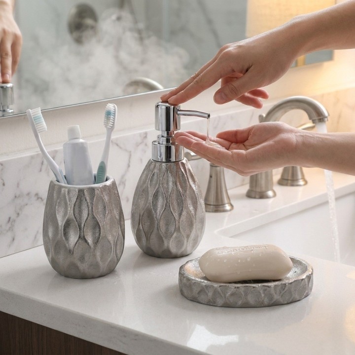 Set Accesorios Baño 4 Piezas Plateado Dispensador Jabonera