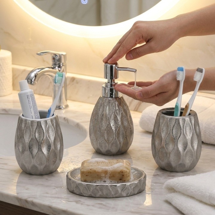 Set Accesorios Baño 4 Piezas Plateado Dispensador Jabonera
